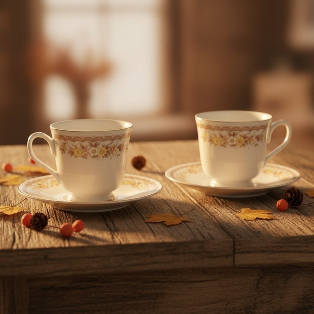 Ekco International Golden Autumn Teacups & Saucers, Set for 2, Vintage China